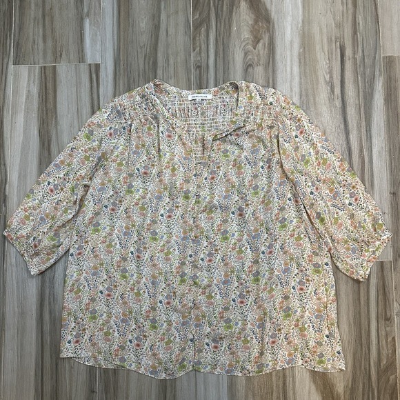 Rose & Olive Blouse 1x Multi Color Floral Smocked 3/4 Sleeve Feminine Boho Fall - Picture 2 of 8